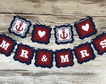 Mr e Mrs banner, Mr & Mrs Bachelorette Banner, decorazione nautica doccia nuziale, banner di celibato/nubilato, fidanzamento, matrimonio, sposa bandiera del cuore