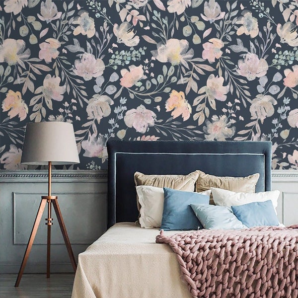 Floral watercolor wallpaper Peel and stick removable or Traditional accent wallpaper pastel flowers on dark