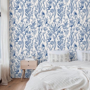 Wildflowers wallpaper blue white farmhouse style Peel and stick removable accent wallpaper