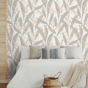 Botanical wallpaper neutral leaves Peel and stick removable accent wallpaper