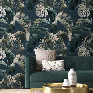 Dark palm leaves watercolor wallpaper tropical Peel and stick removable or Traditional accent wallpaper