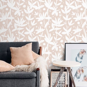 Minimalist botanical wallpaper leaves and flowers Peel and stick removable or Traditional wallpaper