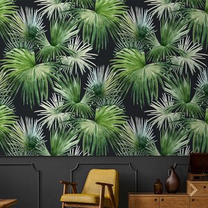 Tropical Palm Leaf Wallpaper: Dark Watercolor Accent Wall, Peel & Stick or Traditional