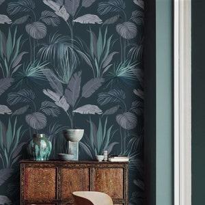 Dark leaves tropical wallpaper palms Peel and stick removable or Traditional wallpaper