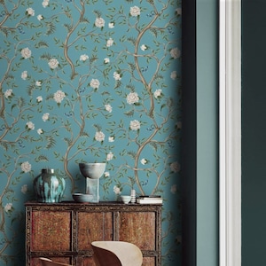 Chinoiserie Style Vintage Floral Botanical Wallpaper in Blue Teal Shades