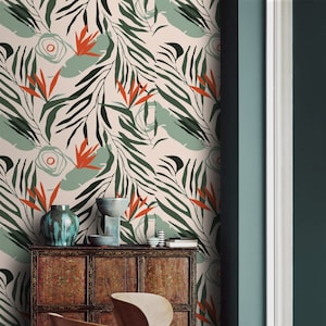 Abstract leaves wallpaper tropical Peel and stick removable or Traditional accent wallpaper botanical