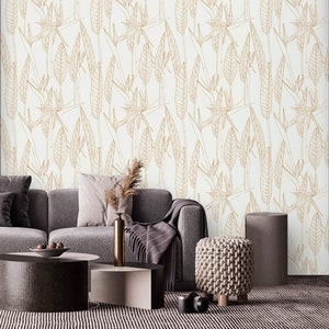 Minimalist wallpaper neutral leaves boho style Peel and stick removable or Traditional accent wallpaper