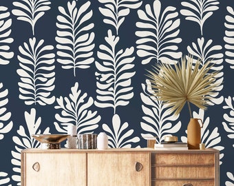 Large leaves wallpaper dark navy white Peel and stick removable accent wallpaper botanical