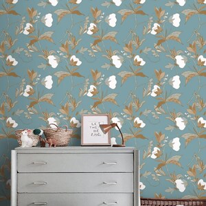 Floral wallpaper flowers and leaves print Peel and stick removable or Traditional wallpaper