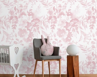 Pastel floral wallpaper watercolor Peel and stick removable or Traditional accent wallpaper botanical