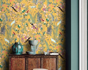 Botanical wallpaper wildflower herbs and birds on yellow Peel and stick removable or Traditional accent wallpaper