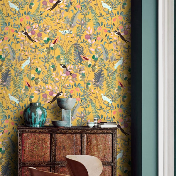 Botanical wallpaper wildflower herbs and birds on yellow Peel and stick removable or Traditional accent wallpaper