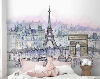 Paris wall mural watercolor art Peel and stick removable or Traditional accent wallpaper Custom size