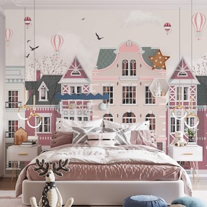 Girls room wallpaper City wall mural cute houses Peel and stick removable accent wall