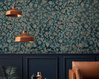 Dark vintage floral wallpaper Peel and stick removable or Traditional accent wildflower wallpaper