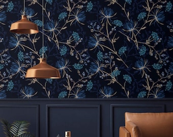 Dark floral wallpaper dark blue flowers Peel and stick removable or Traditional accent wildflower wallpaper