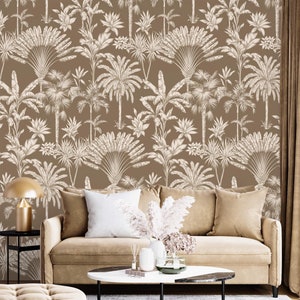 Neutral beige wallpaper tropical palms and leaves Peel and stick removable accent wallpaper