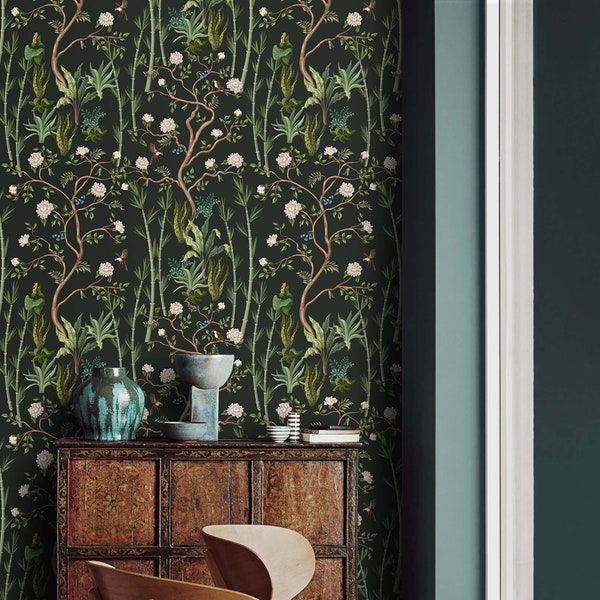 Dark botanical wallpaper flowers and leaves Peel and stick removable or Traditional dark leaves accent wallpaper