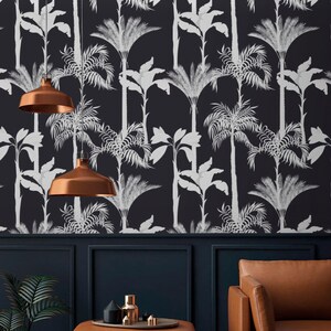 Dark tropical wallpaper palms Peel and stick removable or Traditional accent wallpaper