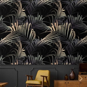 Dark tropical wallpaper palm leaves Peel and stick removable or Traditional accent wallpaper palms