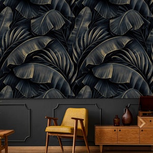 Dark tropical wallpaper palm leaves Peel and stick removable or Traditional wall paper palms Accent wall Custom size