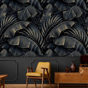 Dark tropical wallpaper palm leaves Peel and stick removable or Traditional wall paper palms Accent wall