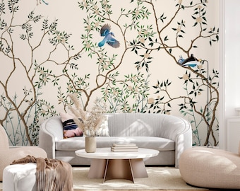 Chinoiserie Bird Wallpaper Mural: Peel and Stick Blooming Tree Decor