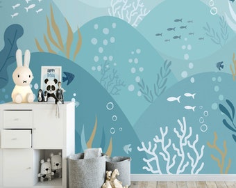 Underwater kids wall mural Baby boy room wall decal Peel and stick removable or Traditional wallpaper nautical