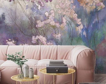 Floral wallpaper mural Large flowers purple pink artistic wallpaper Peel and stick removable