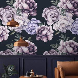 Dark floral wallpaper large peony watercolor flowers Peel and stick removable or Traditional wallpaper