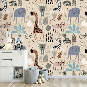 Cute animals wallpaper kids bedroom wall decal Peel and stick or Traditional wallpaper
