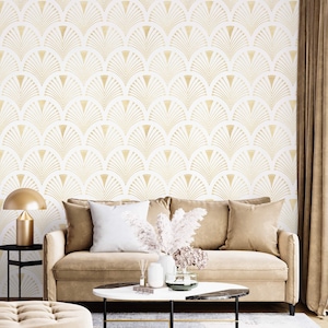 Art deco vintage wallpaper elegant fans white gold non metallic Peel and stick removable or Traditional accent wallpaper