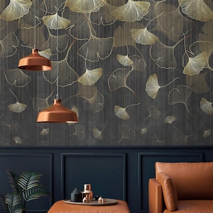 Dark botanical wallpaper large ginkgo leaves gold non metallic Peel and stick removable wall mural