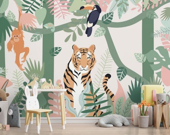 Jungle Animals Wallpaper Mural: Peel and Stick Nursery Decor