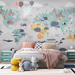 Boys room world map wall mural Kids bedroom map wall decal with animals Peel and stick or Traditional wallpaper