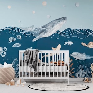 Whale wallpaper Ocean animals wall mural Marine nursery wallpaper