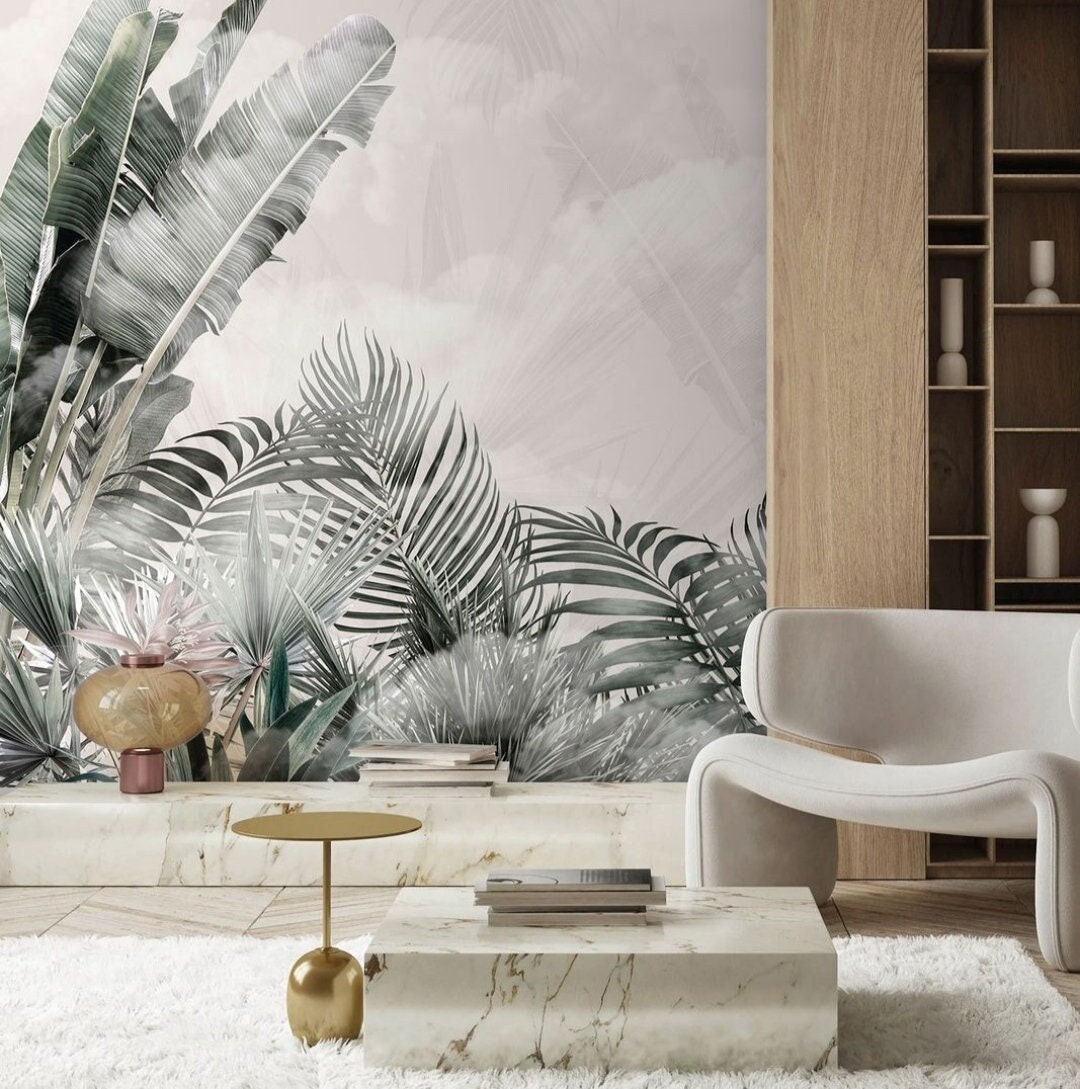 Tropical Wall Mural Large Leaves and Flowers Peel and Stick Removable ...