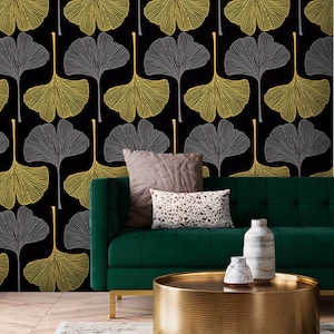 Dark botanical wallpaper large ginkgo leaves Peel and stick removable or Traditional wallpaper