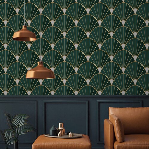 Art Deco Dark Green Wallpaper Faux Gold Watercolor Peel and Etsy