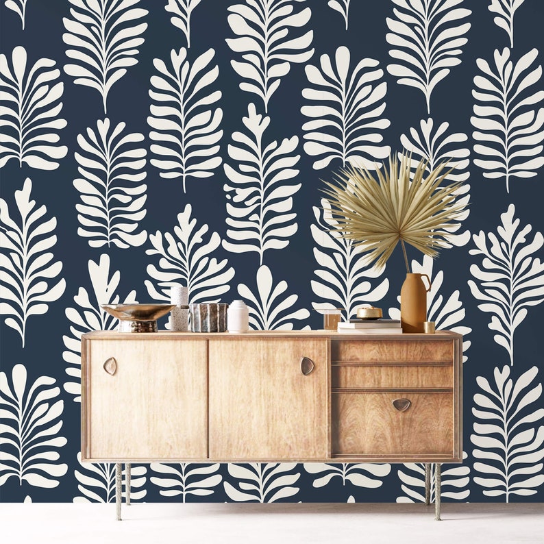 Large Leaves Wallpaper Dark Navy White Peel and Stick Removable Accent ...