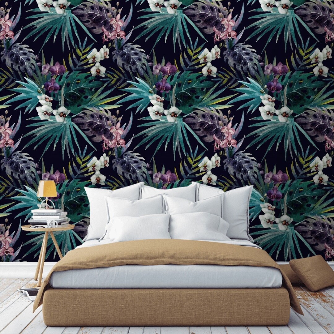 Dark Tropical Wallpaper Exotic Flowers Palm Leaves Peel and Stick ...