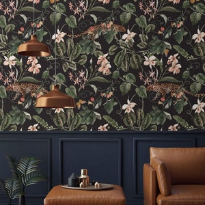 Jungle dark tropical wallpaper wild animals Peel and stick or Traditional accent wallpaper leopard flowers and leaves