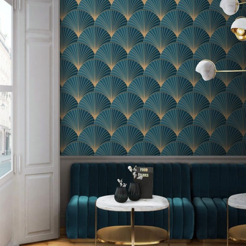 Teal Art Deco Peel and Stick Wallpaper / Eyes Removable - Etsy