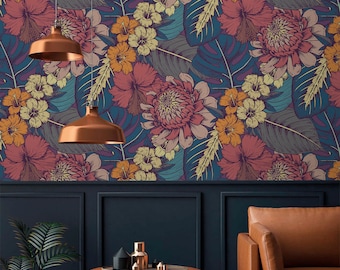 Floral wallpaper colorful flowers Peel and stick removable or Traditional accent wallpaper