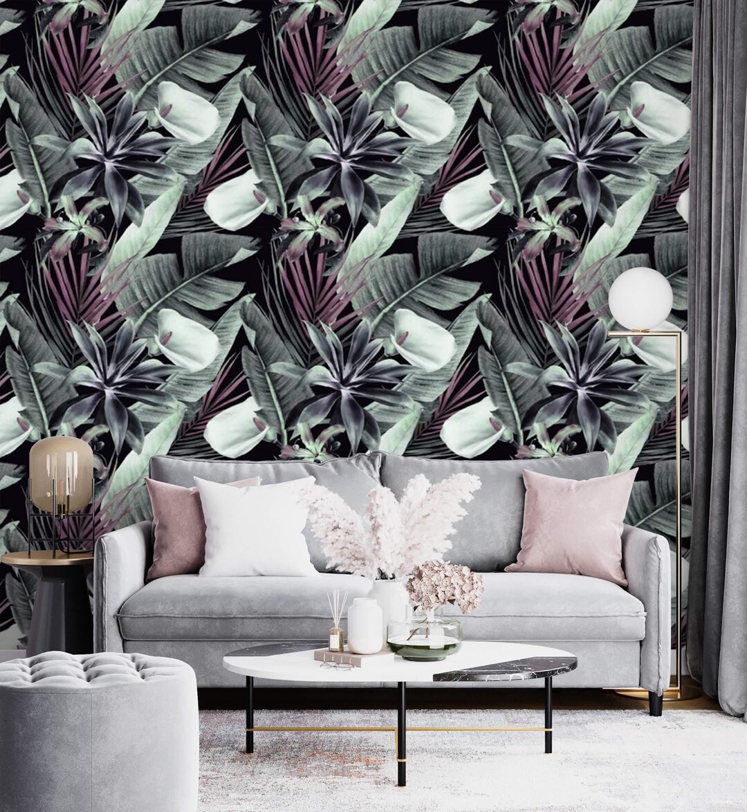 Dark Tropical Wallpaper Watercolor Leaves and Flowers Peel and Stick ...