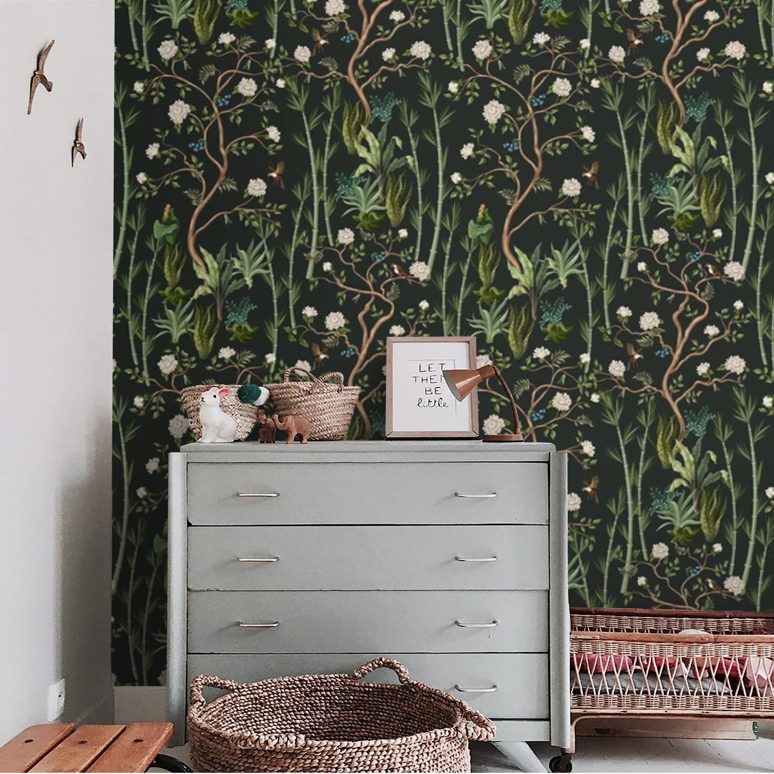 Dark Botanical Wallpaper Flowers and Leaves Peel and Stick - Etsy
