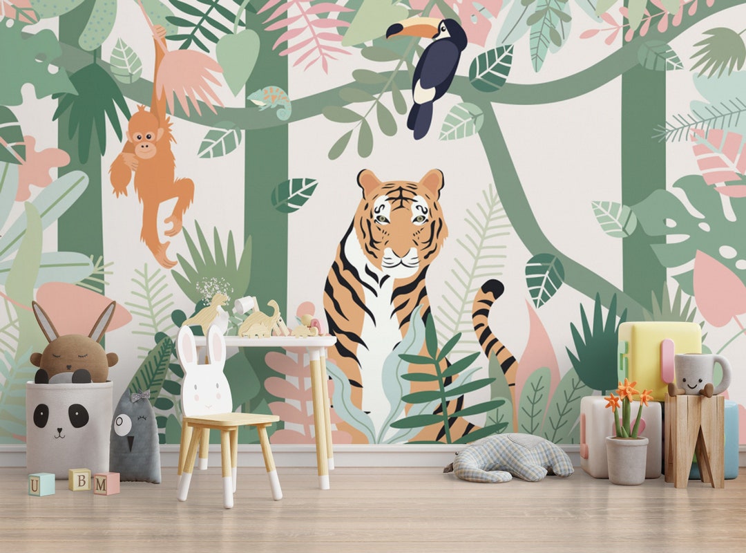 Jungle Animals Wallpaper Mural: Peel and Stick Nursery Decor - Etsy