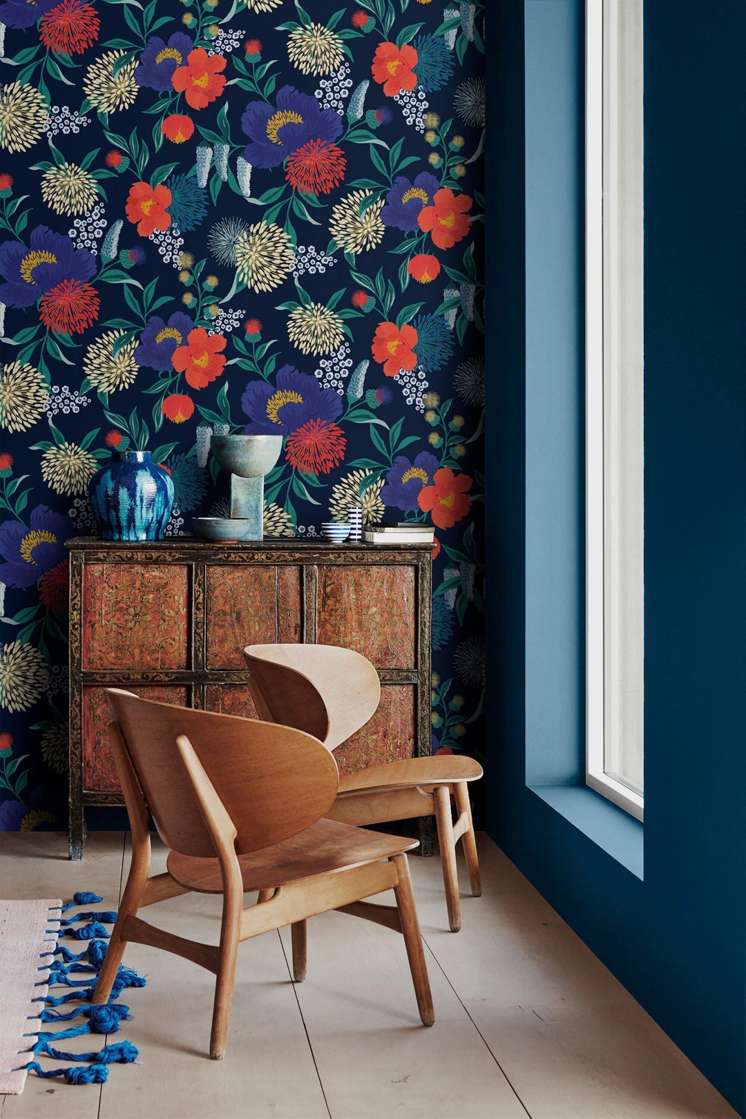 Dark Blue Floral Wallpaper: Peel and Stick Wildflower Accent Wall - Etsy