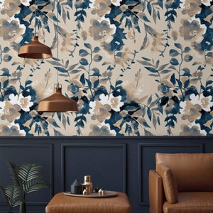Floral wallpaper watercolor flowers Peel and stick removable or Traditional accent wallpaper