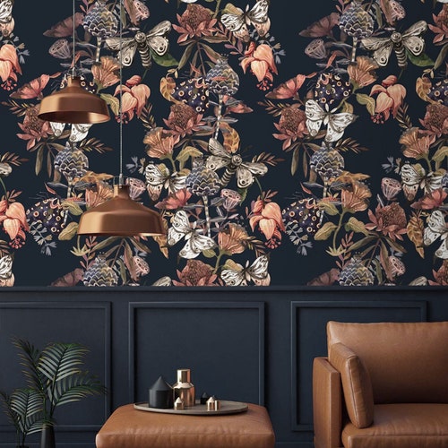 Dark Floral Wallpaper Peel and Stick Botanical Wall Mural - Etsy